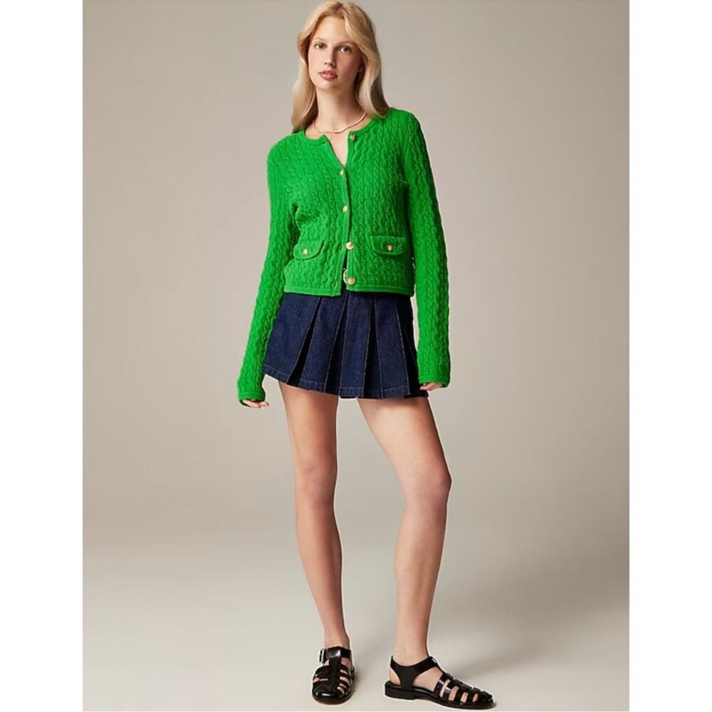 J. Crew Odette Cable-knit Sweater Lady Jacket Cotton-blend Bouclé Green M